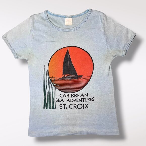 Vintage 70s St. Croix Tourist T-Shirt USA XXS XS Sailboat Graphic Caribbean Sea - Picture 1 of 6